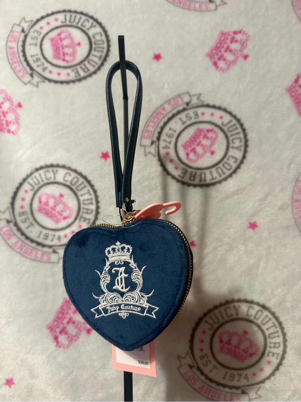Juicy Couture Navy Velvet Heart Coin Pouch with Crest
